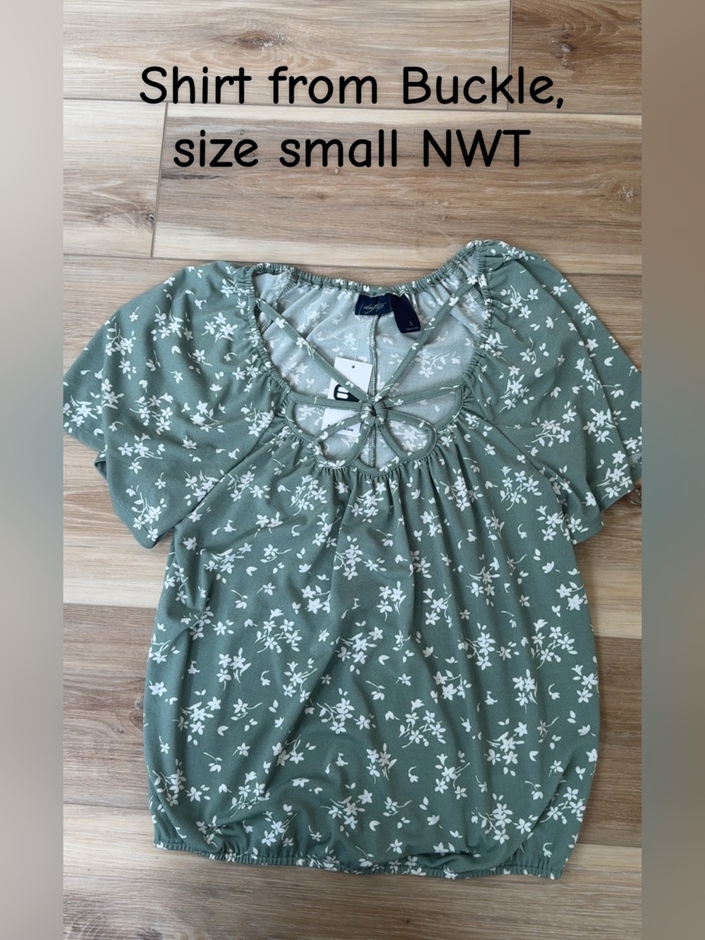 Buckle Sage Green Floral Short Sleeve Top with Tie Neck